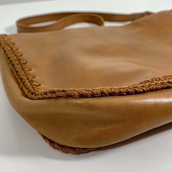 Minimalist THE SAK Flora Soft Leather Small Satchel Crocheted Trim Camel Tan - Picture 5 of 13